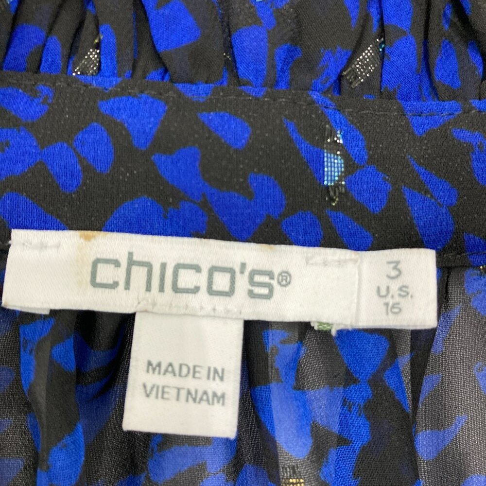 Chico's size 16 Black Blue Abstract Print Ruffle Sheer Swiss Dot Button Down - Picture 4 of 12